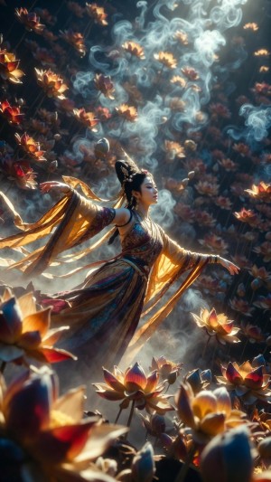 Celestial dancer amidst a sea of golden lotuses