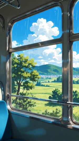 Serene train window view of rolling summer hills and towering clouds